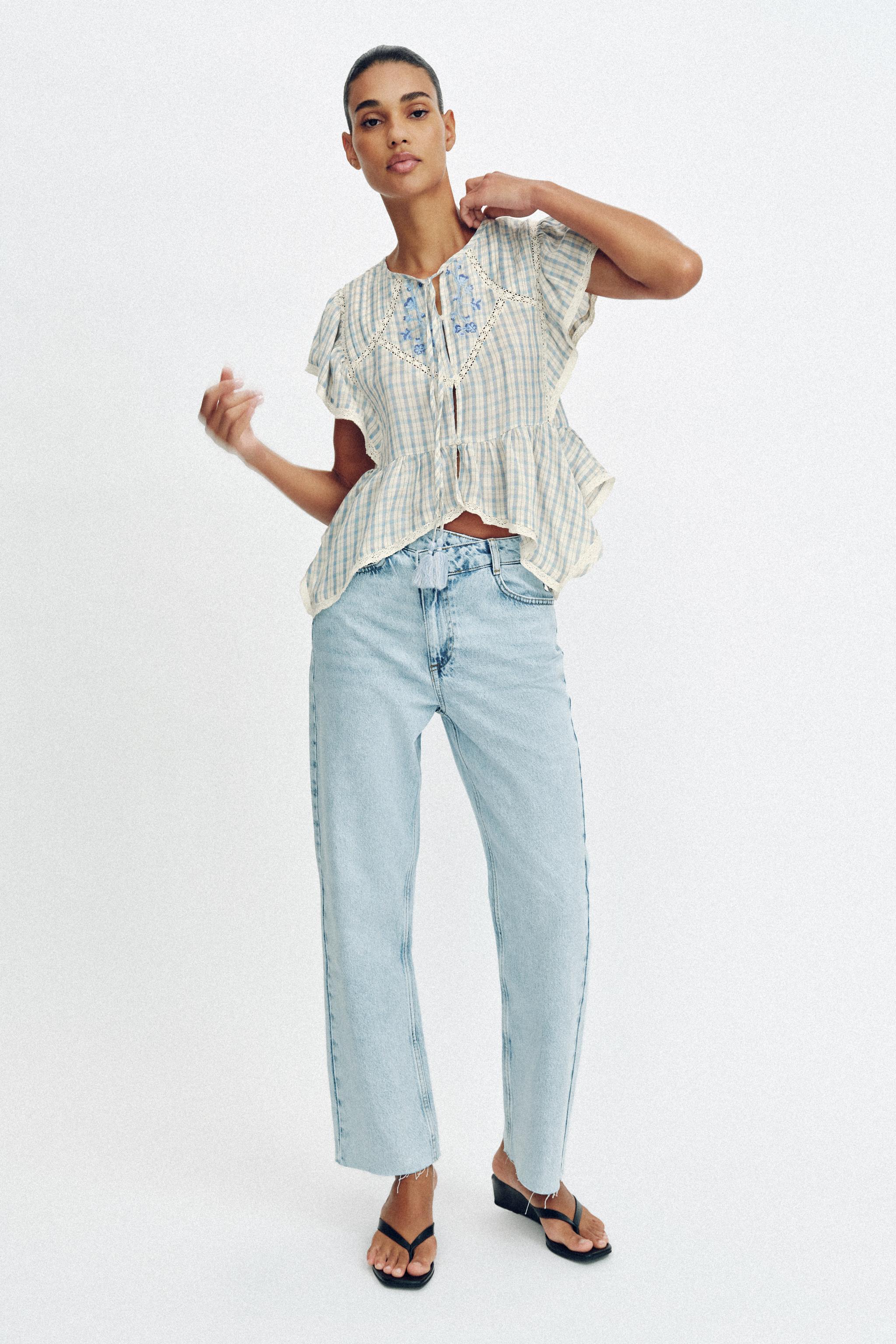EMBROIDERED PLAID LACE INSERT TOP